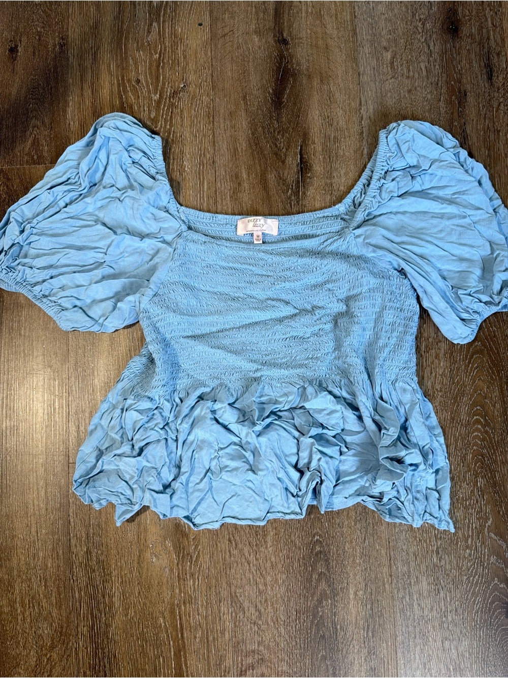 Dizzy Sky Blue Smocked Puff-Sleeve Blouse